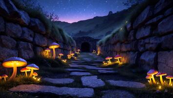 Enchanted Stone Path Lit by Glowing Mushrooms at Night Fantasy photo