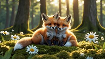 Two Foxes Sitting Together in Forest Surrounded by Daisies photo