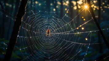Spider Resting in Dew-covered Web During Golden Hour in Forest photo