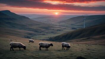 Sheep Grazing in Rolling Hills at Sunset with a Wind Turbine photo