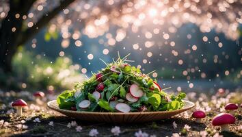 Fresh Salad Dish with Radishes and Greens in Enchanted Forest Setting photo