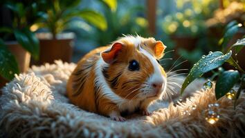 Guinea Pig Resting Comfortably Indoors Among Houseplants with Morning Light photo
