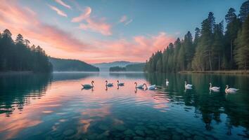 Swans Swimming on Calm Lake Reflecting Colorful Sunset Sky photo