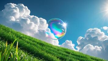 Floating Rainbow Bubble Over Green Hill with Clouds and Sun Rays photo