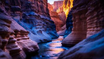River Flowing Through Canyon with Striking Rock Formations and Light photo