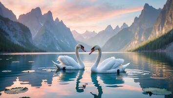 Two Swans Swimming on Lake Surrounded by Mountains at Sunset photo