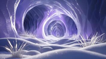 Exploring Deep Ice Cave with Glistening Structures and Snow Covered Floor photo