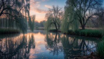 Weeping Willow Trees Reflecting in Calm Pond Water at Sunrise photo