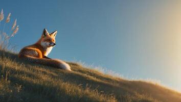 Resting Fox on Grassy Hill with Clear Sky and Golden Sunlight photo