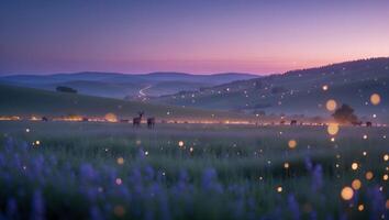 Deer Standing in Dreamy Meadow at Dusk with Magical Light Effects photo