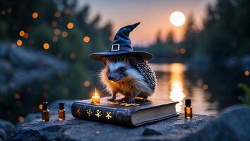 Hedgehog Wearing Witch Hat Sitting on Book Near River at Dusk photo