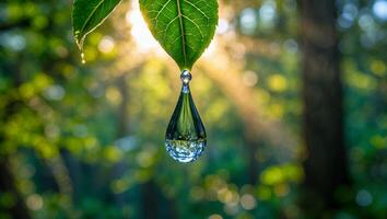Water Drop Hanging From Leaf Reflecting Forest Sunlight Freshness photo