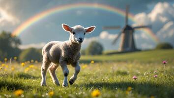 Lamb Running in Field with Rainbow and Windmill Background photo