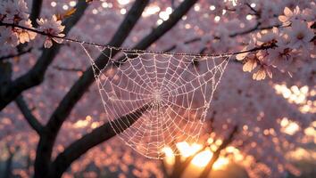 Dew Covered Spiderweb Hanging Among Cherry Blossom Tree Branches photo