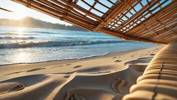 Relaxing on Sandy Beach with Waves Breaking Under Woven Canopy photo