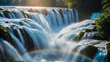 Waterfall Cascading Over Rocks with Rainbow in Mist Creates Scenic View photo