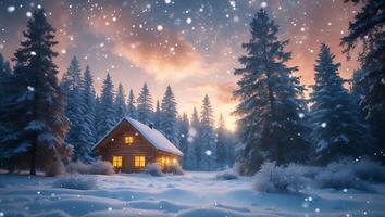Winter Cabin in Snowy Forest at Dusk with Soft Falling Snow photo