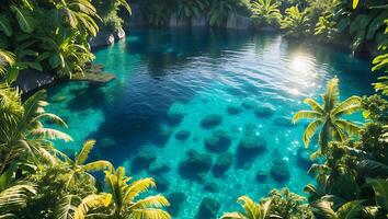 Crystal Clear Tropical Lagoon with Palm Trees and Sunlight Reflection photo