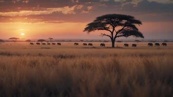 Elephants Walking Across Savannah at Sunset with a Majestic Tree photo