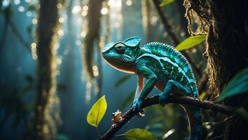 Chameleon Perching on Branch Watching Small Frog in Jungle photo