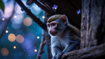 Monkey Resting on Branch Looking Away with Blurry Lights Background photo