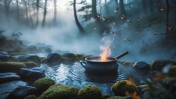 Pot Boiling Water with Fire in Misty Forest Stream Setting photo