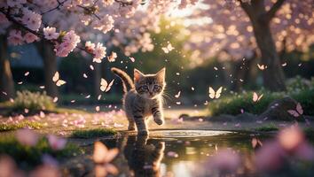 Cute Kitten Walking Near Puddle with Pink Blossom Tree Scenery photo