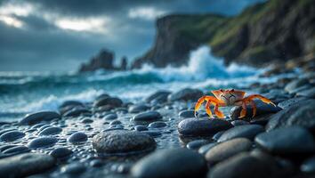 Crab on Rocky Beach with Ocean Waves and Coastal Landscape photo