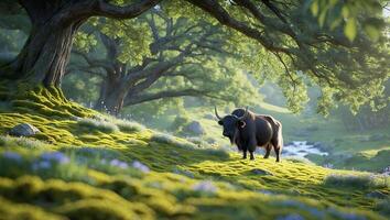Yak Grazing in Lush Green Meadow with Large Tree photo