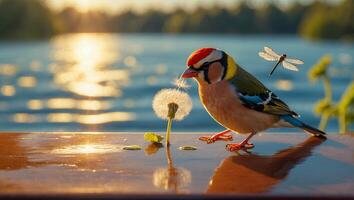 Bird Perched Near Dandelion with Lake and Sun Glare Background photo