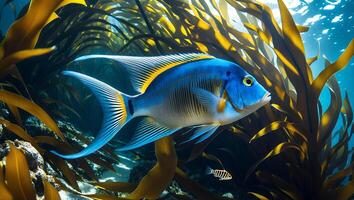 Fish Swimming Through Kelp Forest with Sunlight Filtering Through Water photo