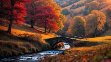 Crossing Stream with Stone Bridge Surrounded by Autumn Colors photo