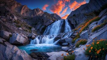 Cascading Waterfall in Mountain Valley with Flowers Under Colorful Sky photo