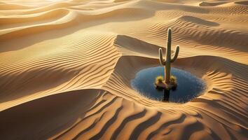 Desert Landscape with Cactus Growing Near Water in Sand Dunes photo