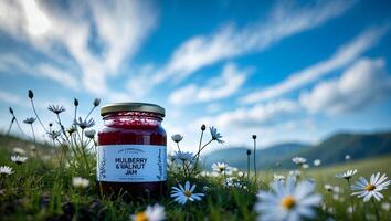 Jar of Berry Jam in a Field of Daisies on Sunny Day photo