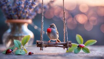 Bird Eating Berry on a Wooden Swing with Ladybugs Around photo