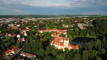 Aerial view of Pruhonice chateau with pond and park in May 2025 in Czechia video