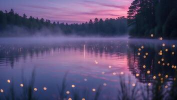 Still Lake Reflecting Dusk Sky with Mist and Bokeh Effects photo