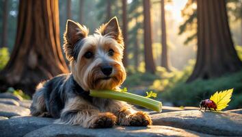 Dog Lying with Celery Stick in Forest with Sunlight photo