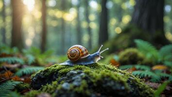 Snail Crawling on Mossy Rock in Green Forest at Sunrise photo
