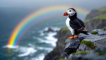 Puffin Perched on Cliffside Watching Rainbow Over the Ocean photo