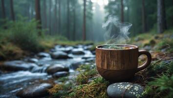 Hot Drink Enjoyed by Tranquil Forest Stream on Mossy Ground photo