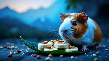 Guinea Pig Eating Banana and Nuts on Leaf in Outdoor Setting photo