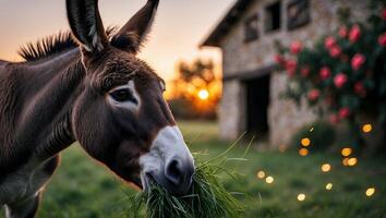 Donkey Eating Grass Field at Sunset Farm Scene Rural Setting photo