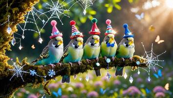 Budgies Wearing Party Hats Sitting on Branch with Cobwebs photo