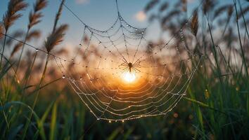 Spider Web with Dew Drops at Sunrise in a Grassy Field photo