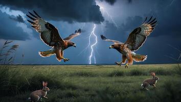 Hawks Hunting Rabbits in Field Under a Stormy Sky with Lightning photo