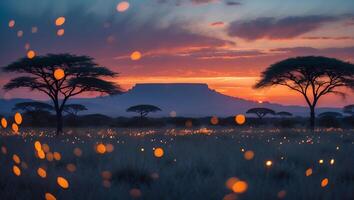 African Savannah Sunset with Trees and Warm Bokeh Light Effects photo