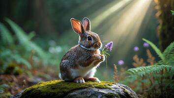 Rabbit Holding Flowers in Forest Sunlight Enjoying Nature's Beauty photo