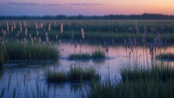 Grassy Marshland Water Reflections at Dusk with Colorful Sky Above photo